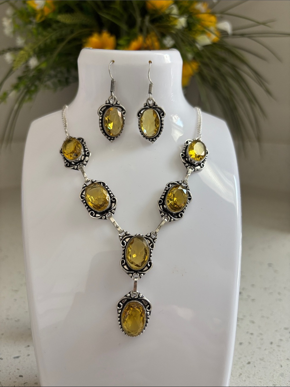Sterling Silver Yellow Citrine Gemstone Necklace & Earring Set